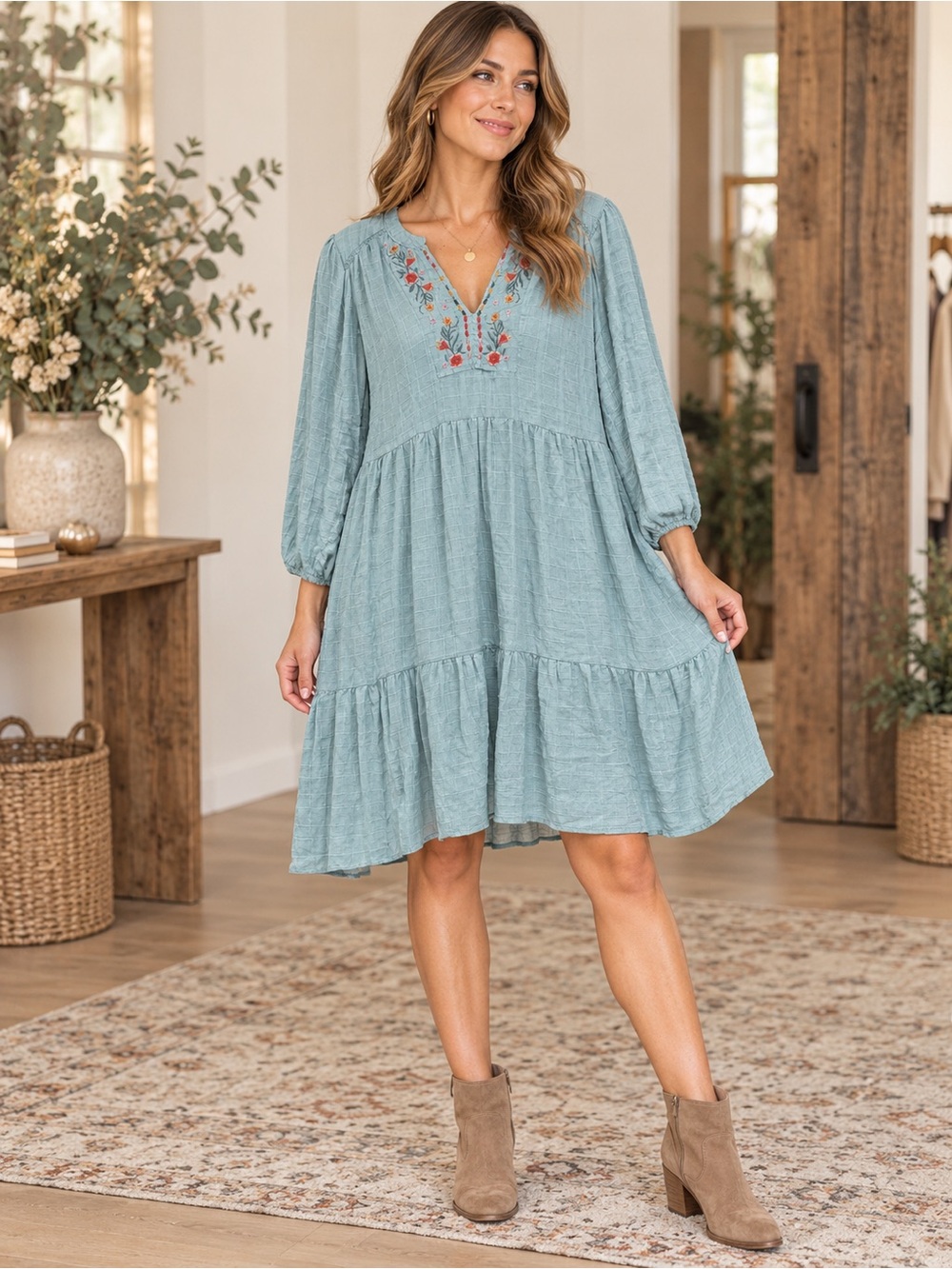 Knox Rose Embroidered Tiered Dress Size XL Green Floral V-Neck Boho